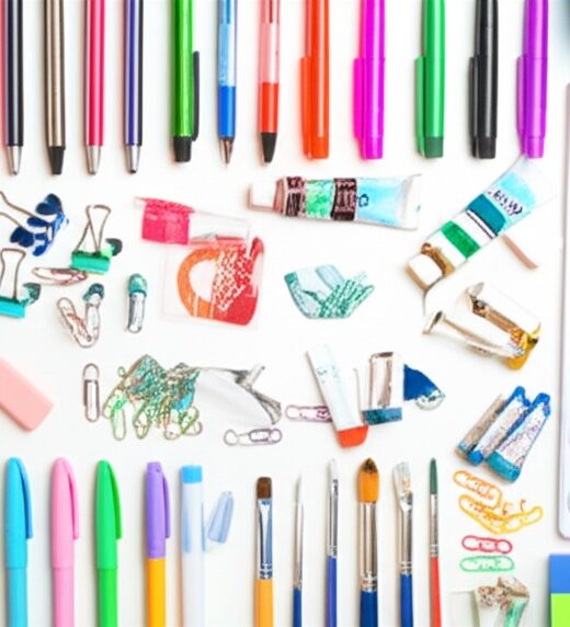 a diverse selection of colorful pens, notebooks with appealing designs, various art supplies such as paint tubes and brushes, and craft elements a diverse selection of colorful pens, notebooks with appealing designs, various art supplies such as paint tubes and brushes, and craft elements